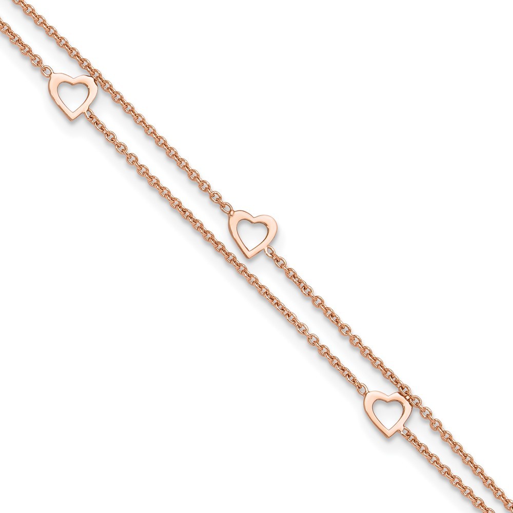 925 Sterling Silver Rose-tone Polished Heart Charm 9" + 1" Fine Jewelry Anklet